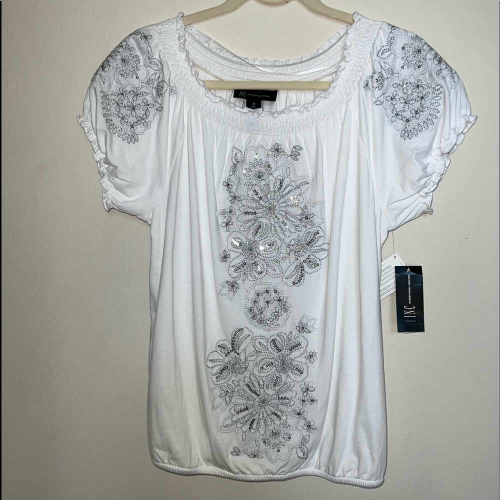 New INC Embroidered Sequined Short Sleeve Top